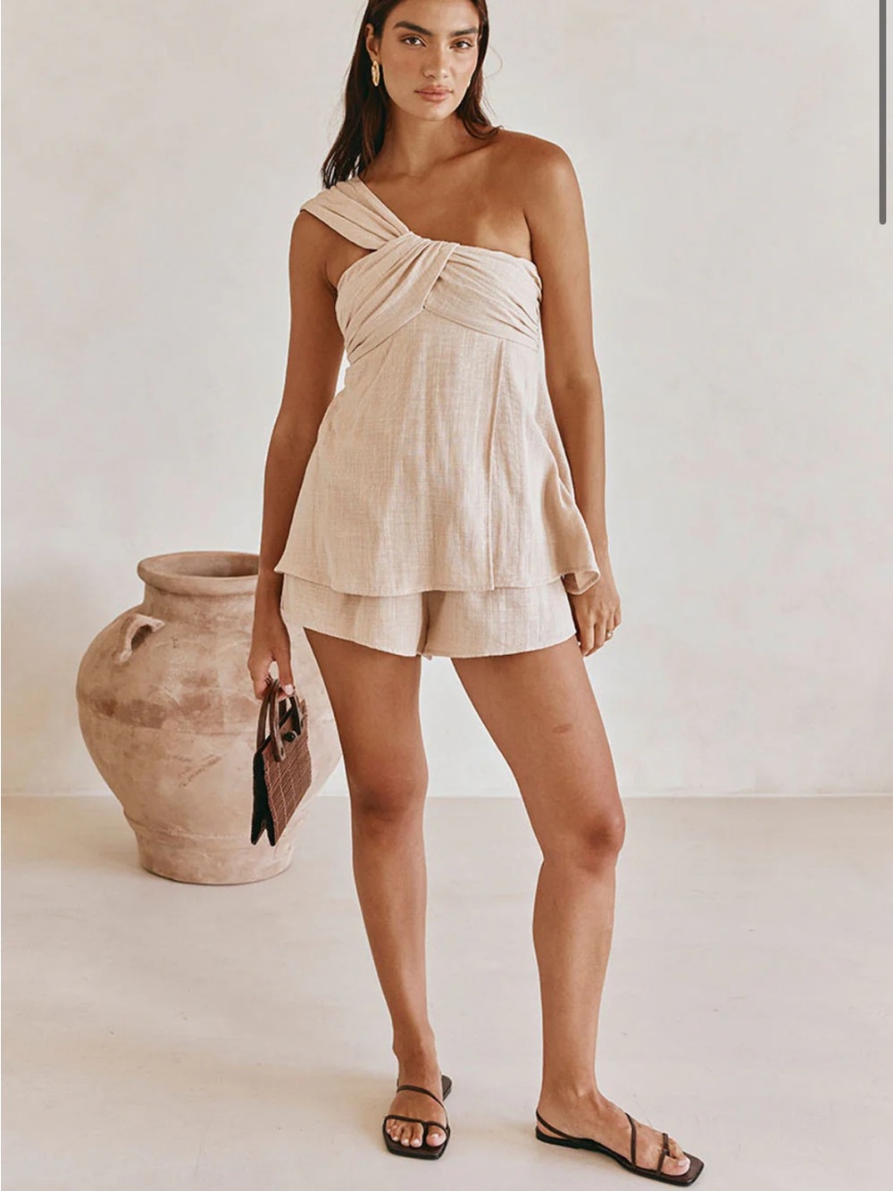 SABO Aramika One Shoulder Top & Shorts Set Beige Size M